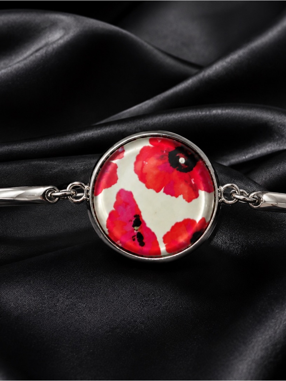 Handmade Red Poppy Glass Cabochon Silver Tone Bracelet